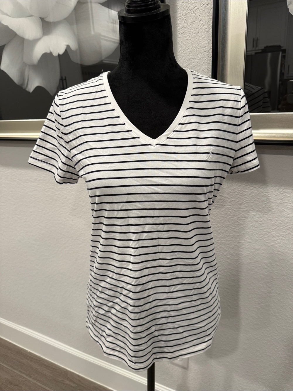 Nautica White V-Neck Tee with Navy Stripes